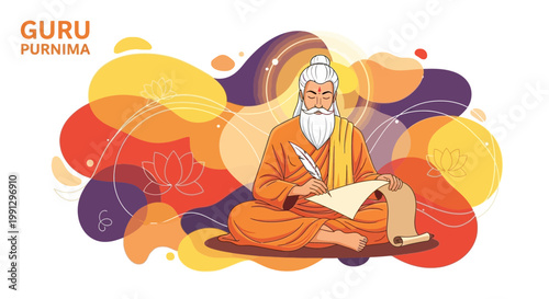 Guru Purnima: Sage writing with quill, colorful abstract background, Indian festival