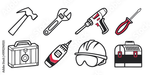 Set of construction tools and safety equipment icons including hammer wrench drill screwdriver and toolbox with hard hat hand tools home improvement fix it electric drill adjustable wrench
