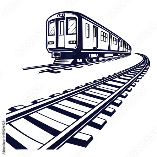 Modern commuter train speeding on railway tracks perspective view black and white graphic with public transport passenger train rail track railway station travel background train ride railroad