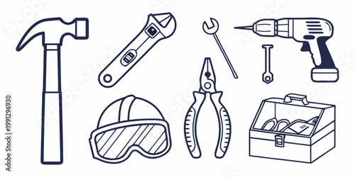 Professional worker tools illustration set featuring hammer adjustable wrench pliers drill and toolbox hard hat safety goggles hand tools home improvement fix it tools collection protective equ