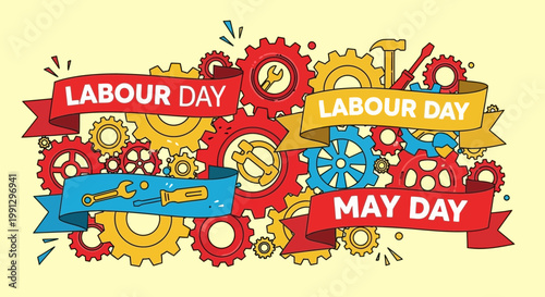 Labour Day May Day Celebration with Gears and Tools Illustration