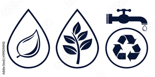 Set of water conservation and environmental recycling symbols with leaves and water drop shapes environment conservation recycling sustainability protection resource management renewable