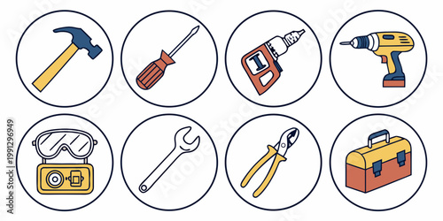 Hand tools and construction repair equipment icons with construction screwdriver equipment maintenance hardware craftsman industry building carpentry electric professional handyman