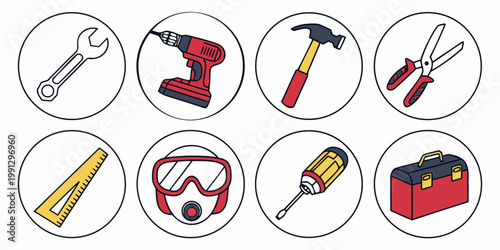 Colorful collection of professional hand tools and protective equipment icons in circular frames with construction equipment craftsman maintenance carpentry industrial hardware protective