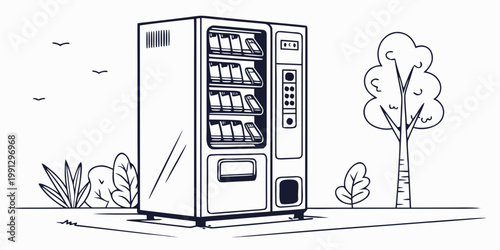 Line art illustration of outdoor smartphone vending machine with smartphone technology automated business commerce electronics minimalist equipment purchase transaction hardware customer