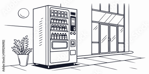 Line art vending machine outdoors near building entrance with business automated illustration monochrome isolated convenience commerce beverage building equipment vendingmachine marketing