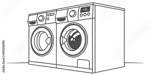 Linear sketch of double laundry washing machines with appliance housework cleaning illustration monochrome isolated equipment technology household electric laundromat minimalist domestic