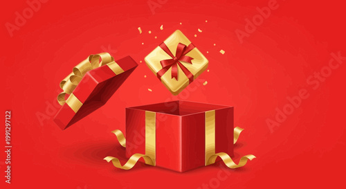 Surprise Gift Box Exploding with Golden Confetti on Red Swirl Background