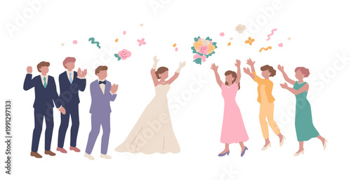 ウェディングドレスやブーケトス、結婚式や披露宴、パーティーなどの手描きベクターイラスト素材セット A set of hand-drawn vector illustrations featuring wedding dresses, bouquet tosses, weddings, receptions, parties, and more.