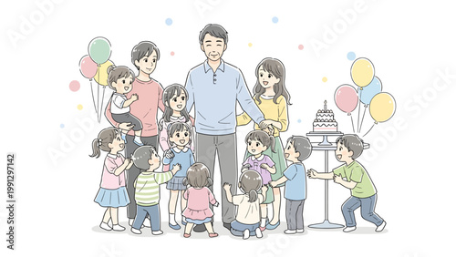 Family Gathering: A close-knit family, surrounded by children, shares a moment of happiness with cake and balloons, conveying warmth and unity.