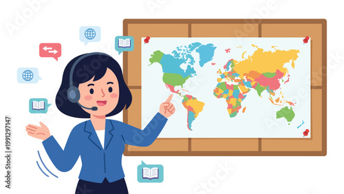 Global Education & Communication Woman with Headset Pointing at World Map