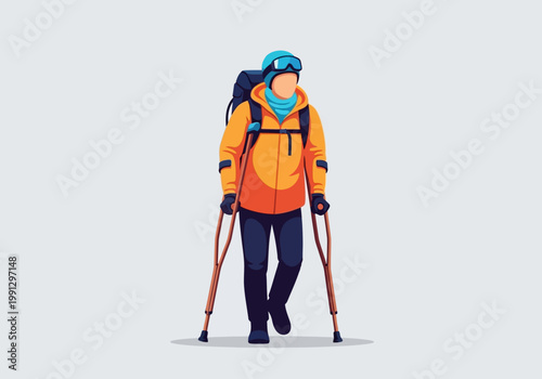 Vector Illustration of a Determined Disabled Hiker with Crutches in Winter Mountaineering Gear - Concept of Accessibility, Inclusion, and Resilience in Extreme Outdoor Sports