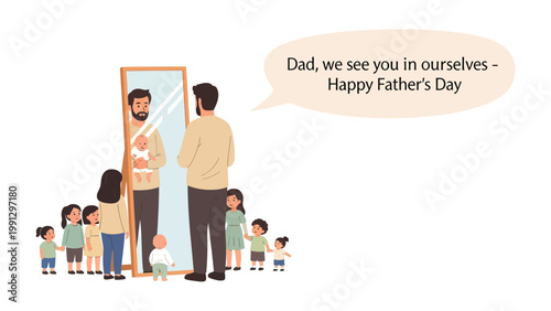 Father's Day Reflection: A father gazes at his reflection, holding his child, surrounded by his children, evoking the essence of fatherhood and the unbreakable bond of family love.