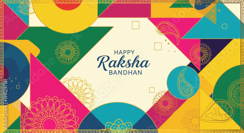 Happy Raksha Bandhan Greeting Card with Colorful Geometric Patterns and Paisley Motifs
