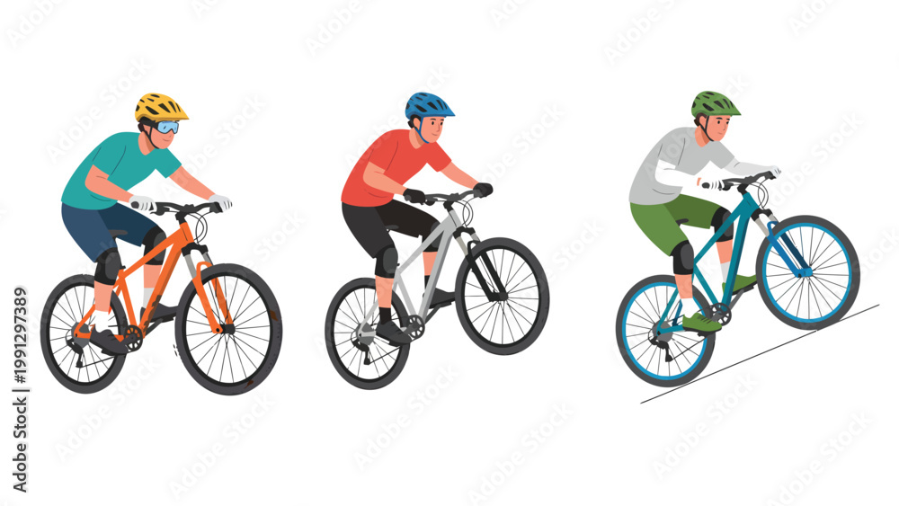 Obraz premium Mountain Bikers in Action: Flat Riding, Wheelie, and Uphill Climb. Adventure Sport & Healthy Lifestyle Illustration