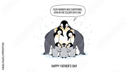 Warmth of Family: A charming illustration depicts a penguin family celebrating Father's Day, emphasizing love and togetherness in a heartwarming scene. 