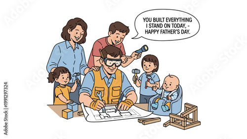 Father's Day Blueprint: A heartwarming scene unfolds as a father, surrounded by his loving family, works on a blueprint, embodying the spirit of Father's Day.