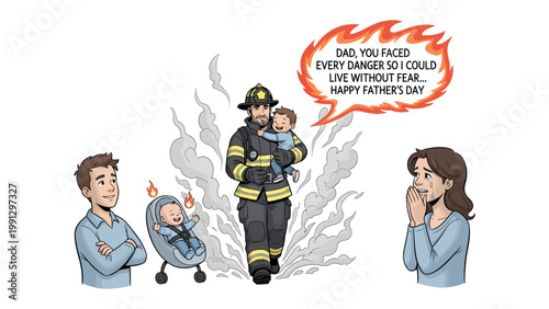Courageous Rescue: A firefighter emerges from a simulated inferno, cradling a baby in his arms, symbolizing unwavering bravery and selfless dedication, with a supportive family watching from the side.