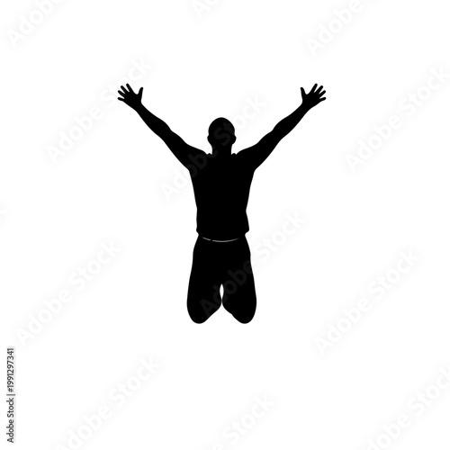 Black and white vector illustration of joyful person jumping with arms raised isolated on white background