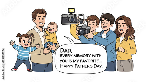 Father's Day Family Memory: A heartwarming illustration depicts a family joyfully capturing cherished memories, celebrating the special bond between father and children. The scene radiates warmth.