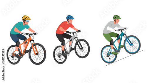 Mountain Bikers in Action: Flat Riding, Wheelie, and Uphill Climb. Adventure Sport & Healthy Lifestyle Illustration