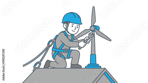 Technician with safety harness working on rooftop wind turbine. Renewable energy maintenance and installation illustration.