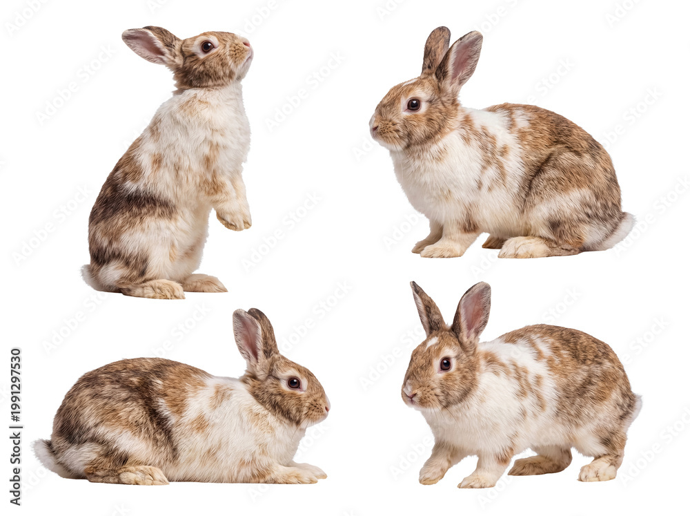 Obraz premium Delightful composite image of small brown and white rabbits in diverse natural positions.