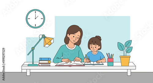 A teacher helping a young girl with her school studies at a desk.