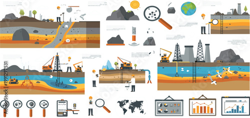 Mining Industry Infographic Set with Excavation Oil Drilling Geological Layers Machinery and Resource Extraction Elements