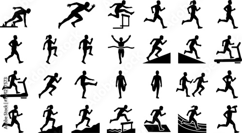 Set of black runner silhouettes showing various athletic poses and actions including sprinting, hurdling, jogging, stretching, finishing a race, and passing a baton in a relay