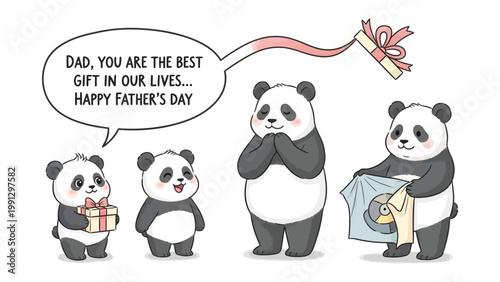 Father's Day Panda Family Celebration: A heartwarming cartoon scene, panda family gathered to celebrate Father's Day, with gift and heartfelt message.