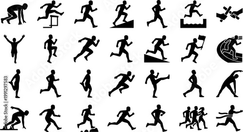 Set of black runner silhouettes showing various athletic poses and actions including sprinting, hurdling, jogging, stretching, finishing a race, and passing a baton in a relay