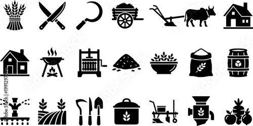 Set of vintage engraving style icons showing the process of sugar production from sugarcane, including harvesting, milling, boiling, and the final product in a barrel and sack