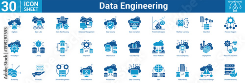 Data engineering editable icon set containing parallel, integration, infrastructure, storage, platform, and more.