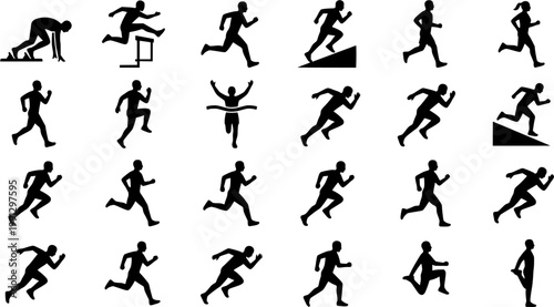 Set of black runner silhouettes showing various athletic poses and actions including sprinting, hurdling, jogging, stretching, finishing a race, and passing a baton in a relay