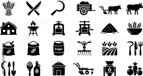 Set of vintage engraving style icons showing the process of sugar production from sugarcane, including harvesting, milling, boiling, and the final product in a barrel and sack
