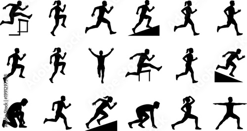 Set of black runner silhouettes showing various athletic poses and actions including sprinting, hurdling, jogging, stretching, finishing a race, and passing a baton in a relay