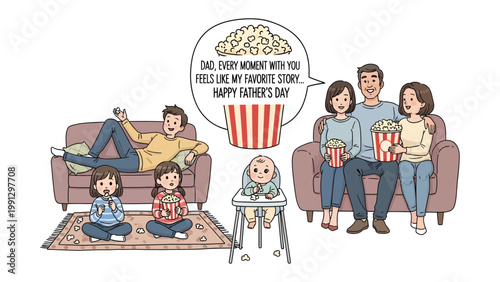 Father's Day movie night: Heartwarming illustration of a family celebrating Father's Day, enjoying a movie night with popcorn, showing togetherness and love.