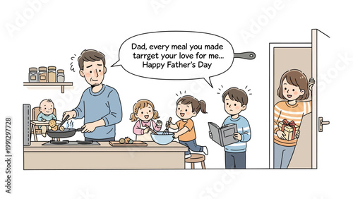 Father's Day Feast: A heartwarming family scene where a father prepares a meal, surrounded by his children, celebrating the love and appreciation of Father's Day.