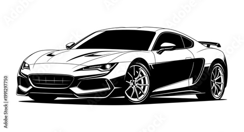 Modern Sports Car Illustration Black and White Sketch.