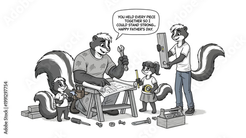 Family Crafting Moment: A skunk family joyfully working on a crafting project together, expressing a Father's Day sentiment. 