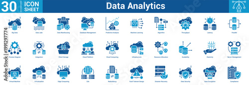 Data Analytics editable icon set vector illustration concept for business with icon of Big Data, Data Lake, Data Warehousing, Database Management, Predictive Analysis, Machine Learning, Algorithm.