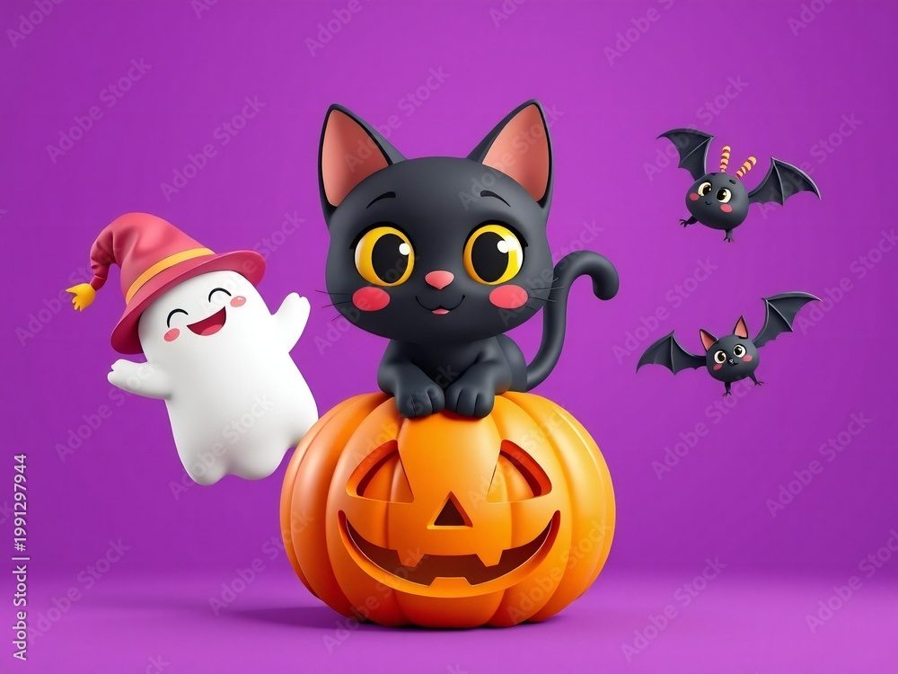 Fototapeta premium A playful scene featuring a black cat, a ghost, a jack-o'-lantern, and bats on a purple background
