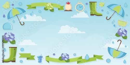 Rainy Season Background with Umbrellas Boots Hydrangea Flowers and Weather Elements Decorative Banner Design
