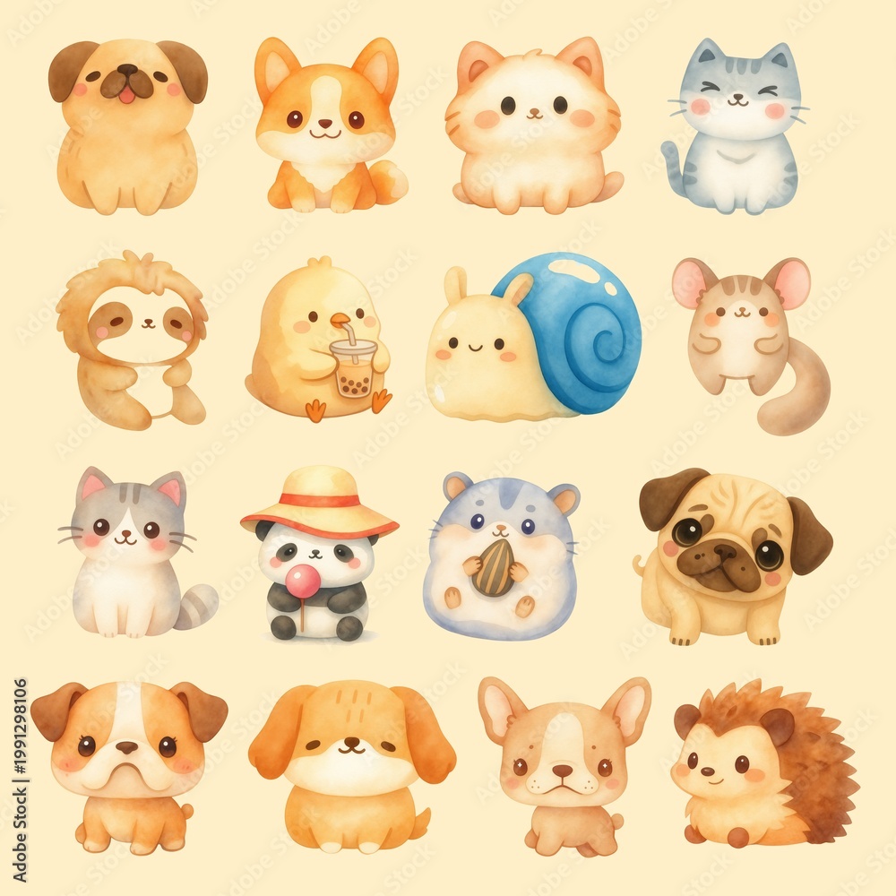 Obraz premium Cute Watercolor Animal Sticker Set featuring Kawaii Dog, Cat, Panda, and Other Baby Animals in Hand-Drawn Style