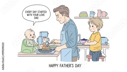 Happy Father's Day, Dad's Morning: A heartwarming illustration of a father preparing breakfast for his two children on a special day. Capturing the essence of love and family.