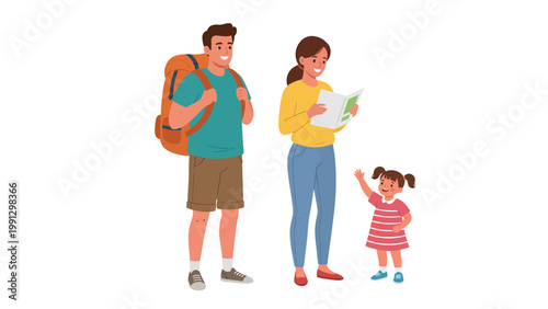 Family travel illustration: Parents with backpack and map, happy child ready for vacation and adventure.