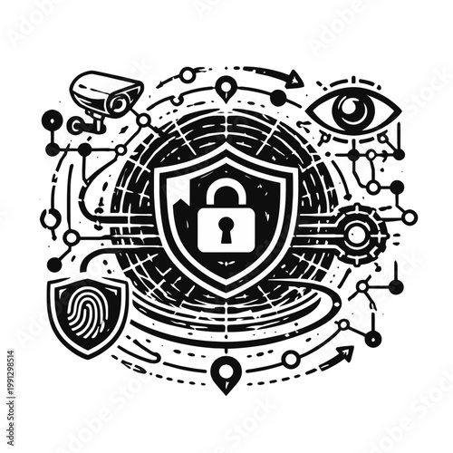 Digital Security Concept Padlock shield, CCTV, eye, and fingerprint scanner graphic represent comprehensive data protection and network privacy