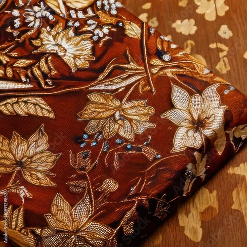 Exquisite Floral Pattern on Rich Red Fabric with Golden Accents.
