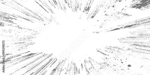 Abstract radial explosion with ink splatter lines bursting from the center, high-contrast black and white, dynamic motion, vintage grunge texture vector illustration, minimalist background.